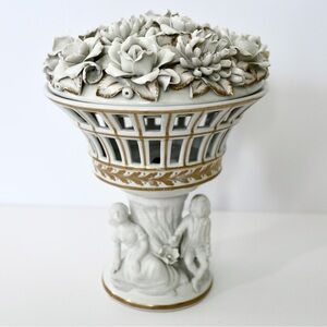 RARE Ardalt Flores Imperio Spain Gold Reticulated Porcelain Lid Bowl Basket‎ 12"